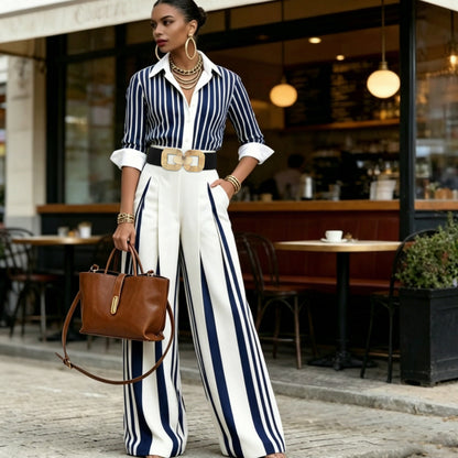 ⏳Spécial à durée limitée⏰Ensemble 2 pièces pour femme : chemise rayée et pantalon large👔👖