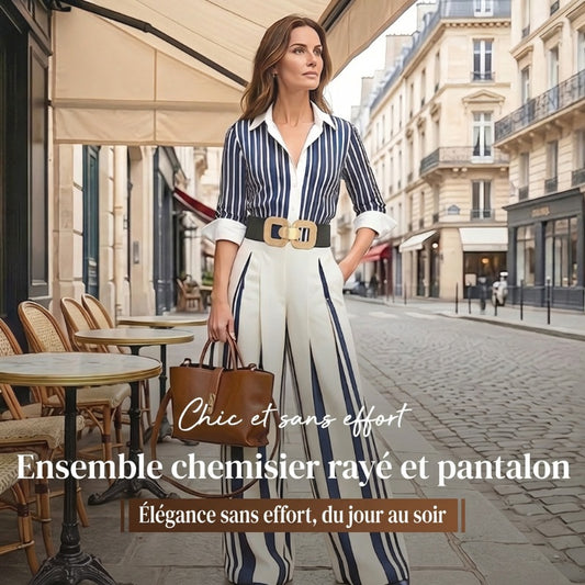 ⏳Spécial à durée limitée⏰Ensemble 2 pièces pour femme : chemise rayée et pantalon large👔👖