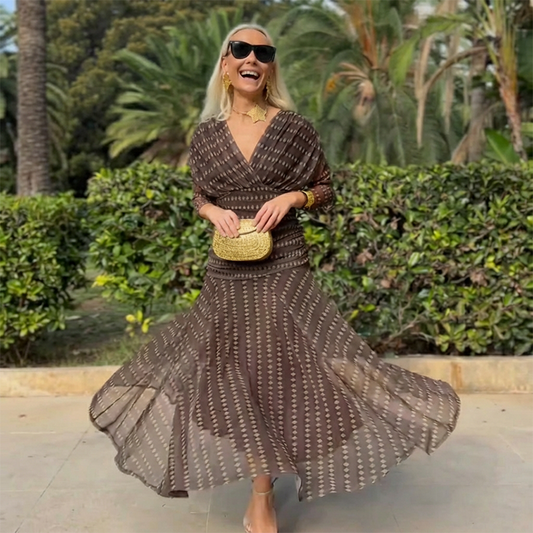 ⏳Spécial à durée limitée⏰Robe longue bohème à col en V et ruchés en maille👗