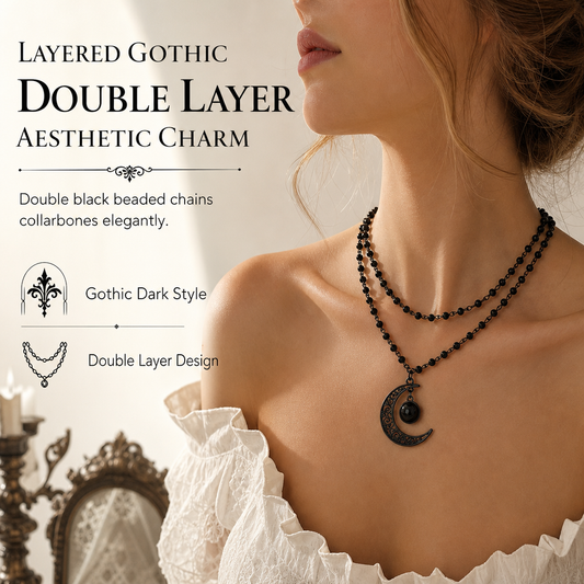 ⏳Spécial à durée limitée⏰Collier chaîne perles cristal noir gothique avec pendentif lune ajourée en alliage 🖤🌙