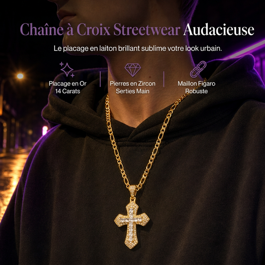 ⏳Spécial à durée limitée⏰Croix en laiton strass baguette double couche style hip-hop avec chaîne Figaro✝️💎📿
