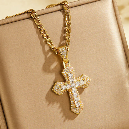 ⏳Spécial à durée limitée⏰Croix en laiton strass baguette double couche style hip-hop avec chaîne Figaro✝️💎📿